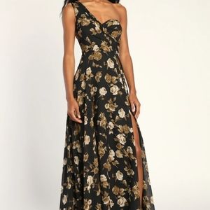 Lulus Black Floral Print Black/Gold One-Shoulder Maxi Dress